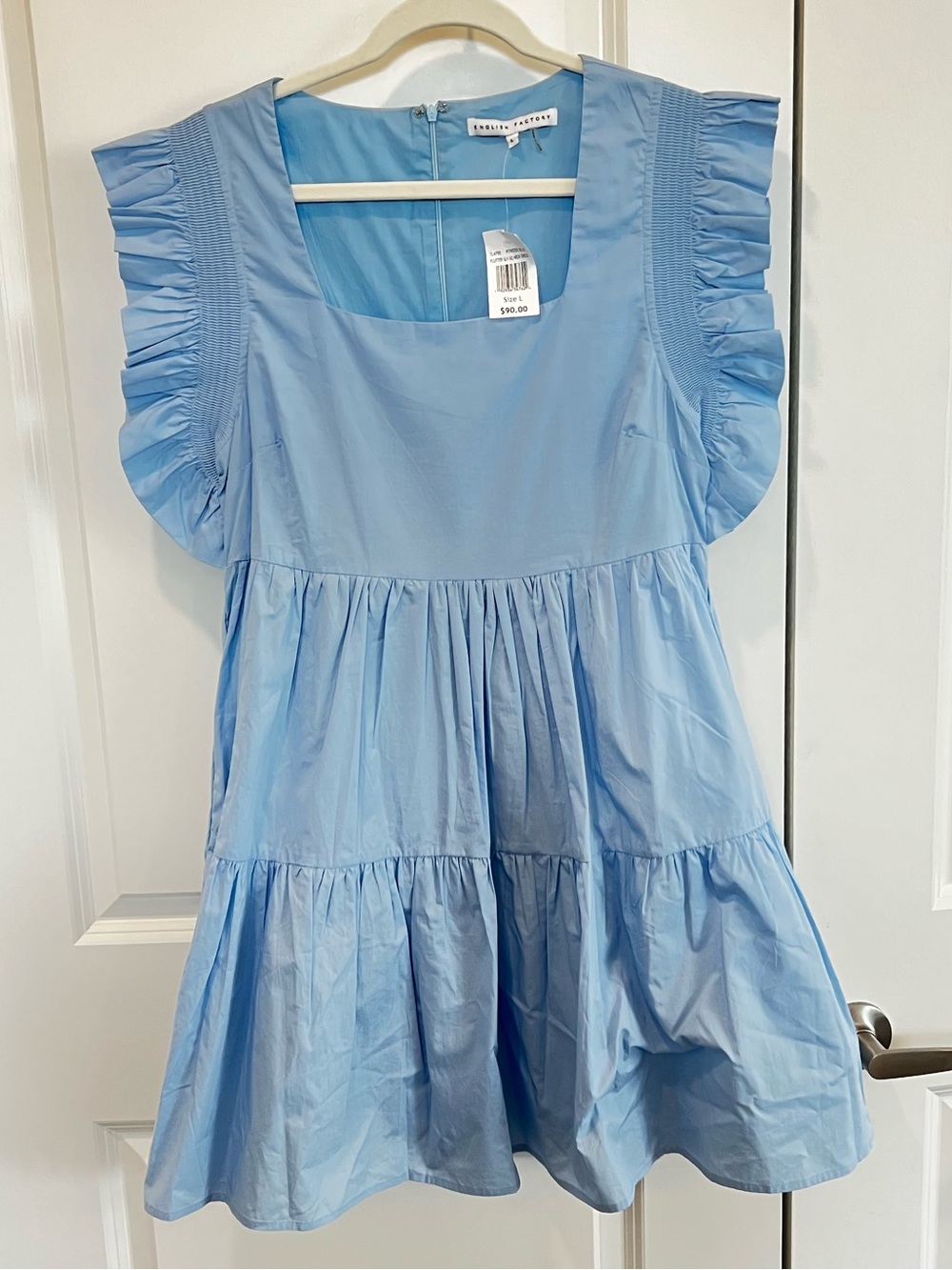 English Factory Light Blue Ruffle Sleeve Tiered Mini Dress